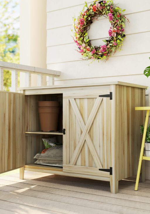 Wooden Outdoor Storage Cabinet, Garden Shed Potting Shed with Shelf and Double Doors, Natural Wood