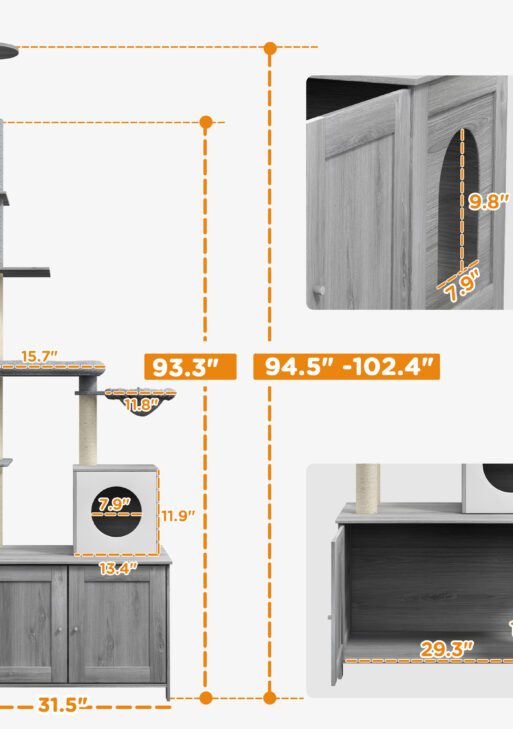 2 in 1 Floor to Ceiling Cat Tree with Litter Box Enclosure, Condo, Bed, Hammock, Scratching Posts, and Platforms, Gray