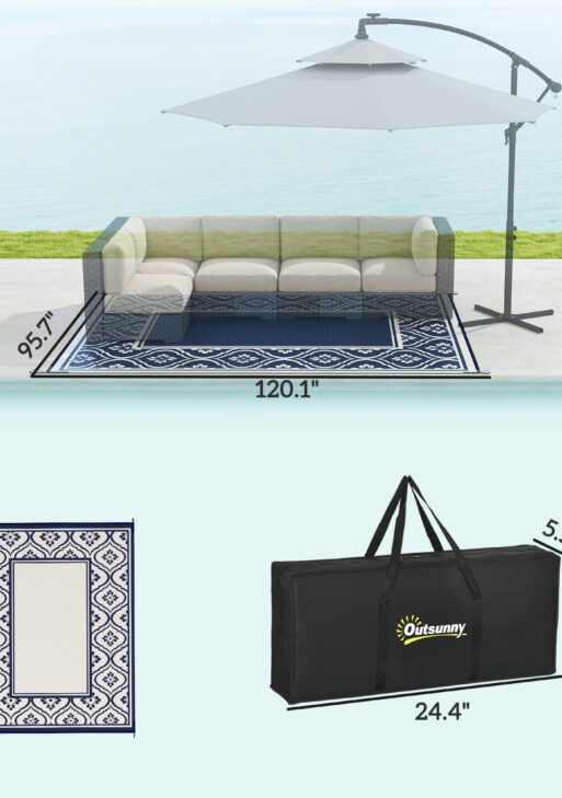 Reversible Outdoor Rug, Waterproof Plastic Straw with Carry Bag, 8' x 10', Blue & White Gourd Border