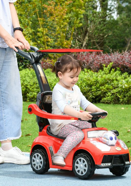 3 in 1 Push Car Sliding Car with Removable Handle, Music, Horn, Canopy, Safety Guardrail, Red