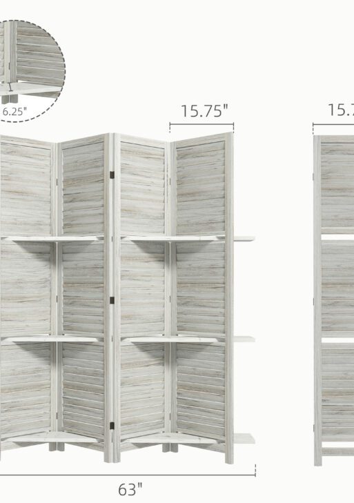 4 Panel 67" Tall Wood Privacy Screen Room Divider with 3 Shelves and Folding Storage for Bedroom, Distressed White