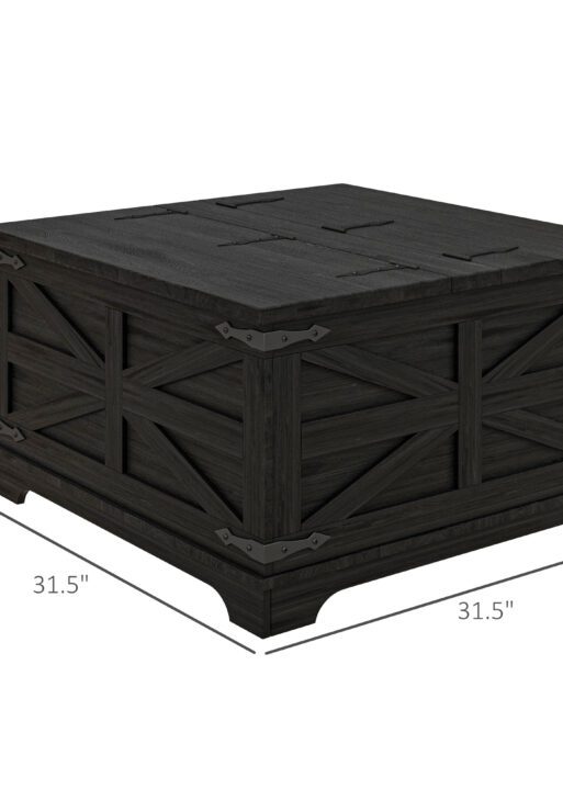 Farmhouse Coffee Table, Square Center Table with Flip-top Lids, Hidden Storage Compartment, Distressed Black