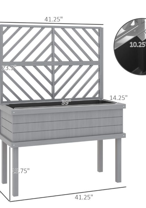Elevated Wood Planter with Trellis for Climbing Plants, Raised Garden Bed with Legs and Drainage Holes, Gray