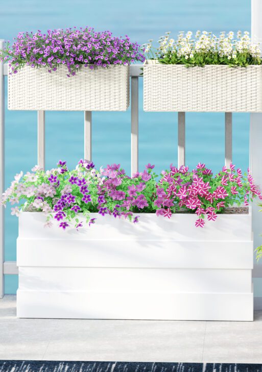 2 Pack 20 Inch Railing Flower Pots, Hanging Flower Pots with Hooks, Drainage Holes for Fence, Rattan Look, White