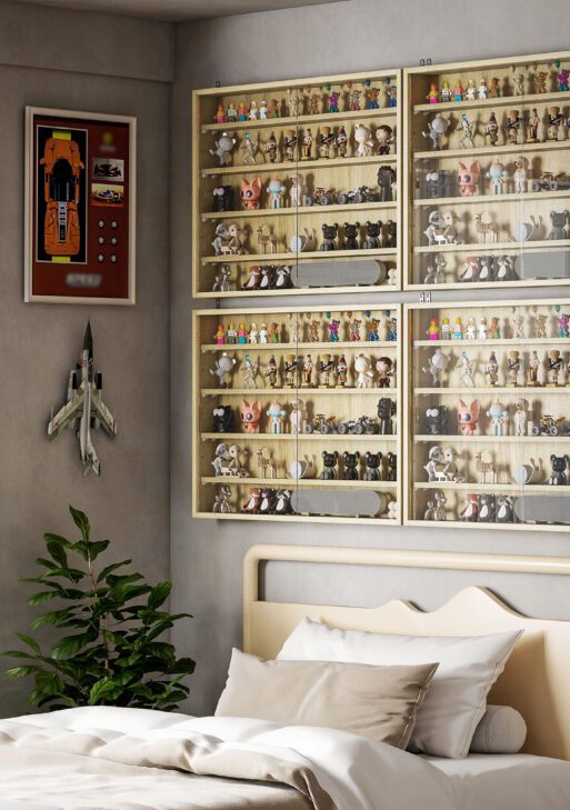 5-Tier Display Cabinet, Wall-Mounted Display Case with 2 Glass Doors and Adjustable Shelves, Oak