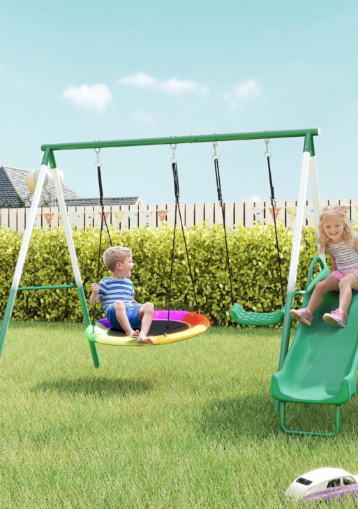 Metal Swing Set with Slide, Saucer Swing Seat, Heavy Duty A-Frame Stand and Adjustable Rope for Backyard, Dark Green