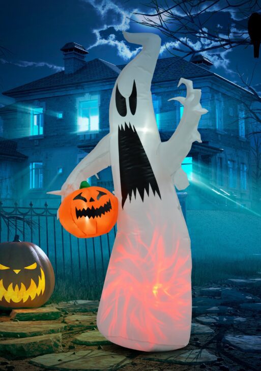 5.9' Halloween LED Yard Decor Ghost with Pumpkin, Blow Up Inflatable Outdoor Decoration, Waterproof