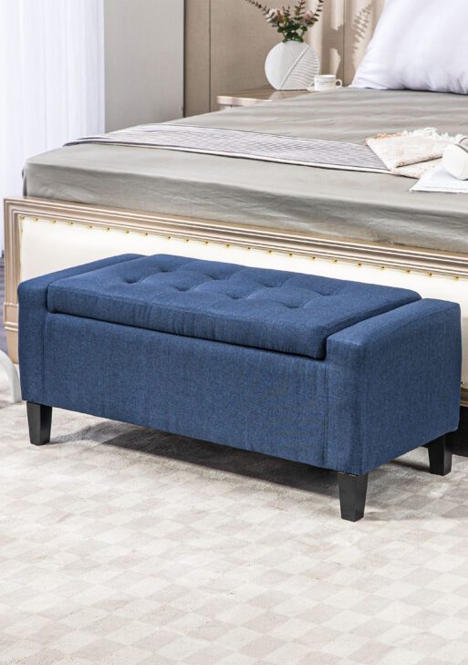 Upholstered Storage Ottoman Bench, Button Tufted Ottoman with Hidden Storage, Lift Top for Living Room, Dark Blue