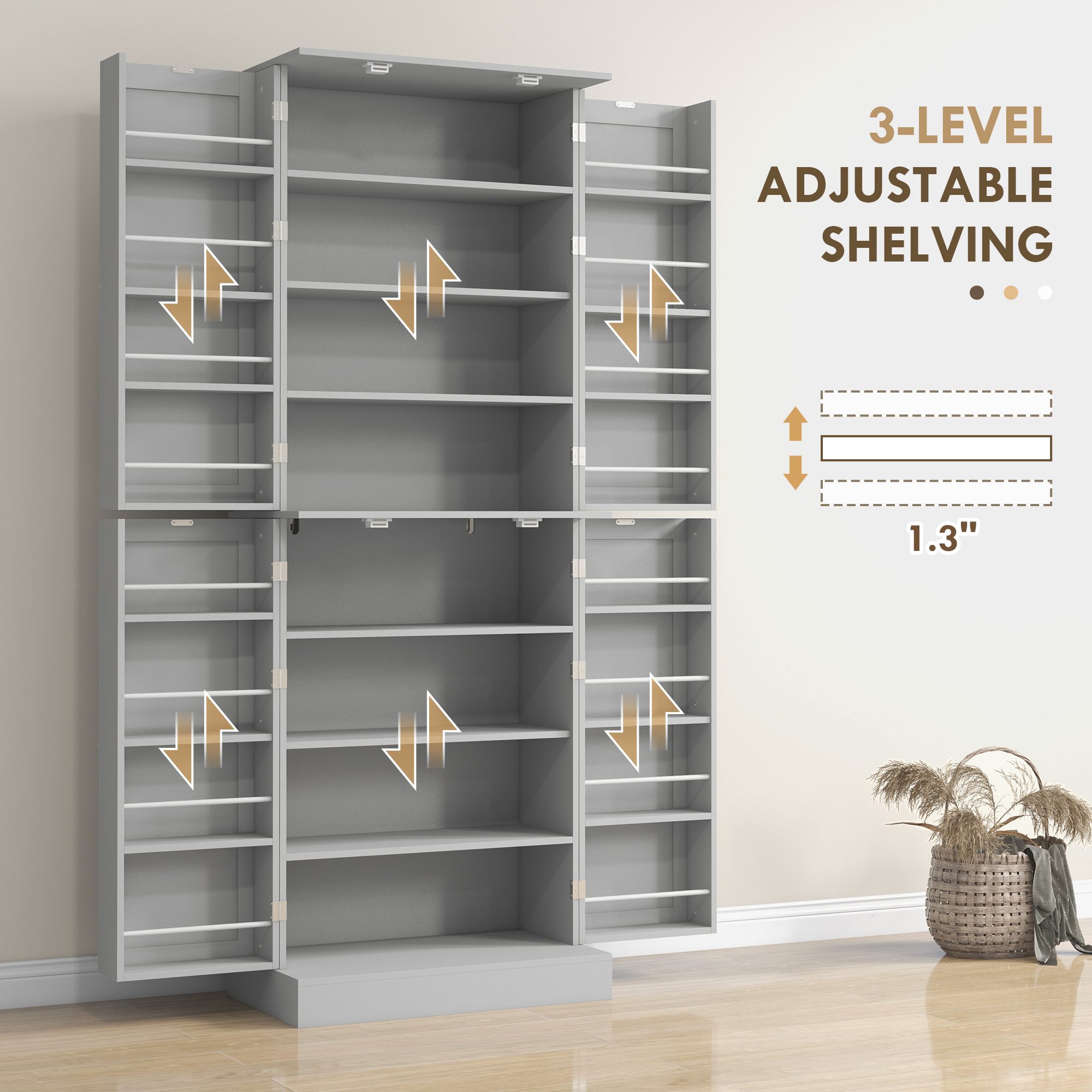 65" Kitchen Cabinet, Kitchen Pantry Cabinet with 4 Doors and 16 Door Shelves for Dining Room, Gray - Image 3