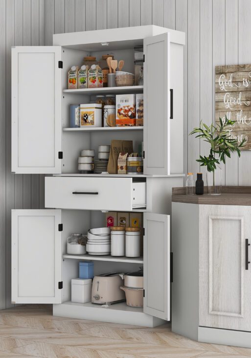 72" Tall Kitchen Cabinet, Kitchen Pantry Cabinet with Barn Doors, Drawer, 5-Tier Shelf and Adjustable Shelves, White