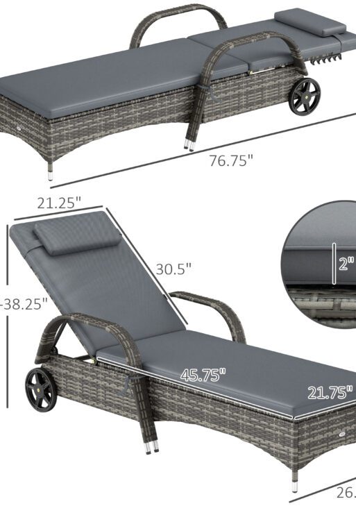 Outdoor Chaise Lounge, 5-Level Adjustable Backrest Rattan Pool Lounge Chair with Wheels, Cushion & Headrest, Gray