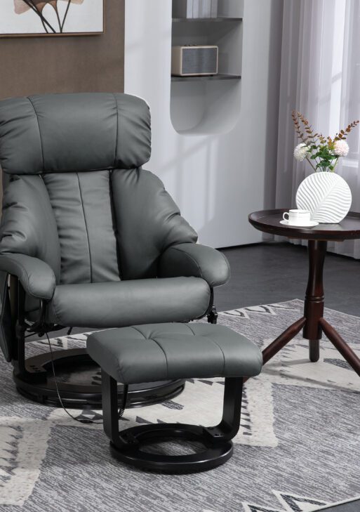 Swivel Recliner with Ottoman, Faux Leather Reclining Chair with Massage, Footstool Remote and Side Pocket, Gray