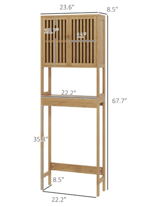 Over the Toilet Cabinet, Bamboo Bathroom Above Toilet Storage with Slatted Doors and Adjustable Shelf, Natural