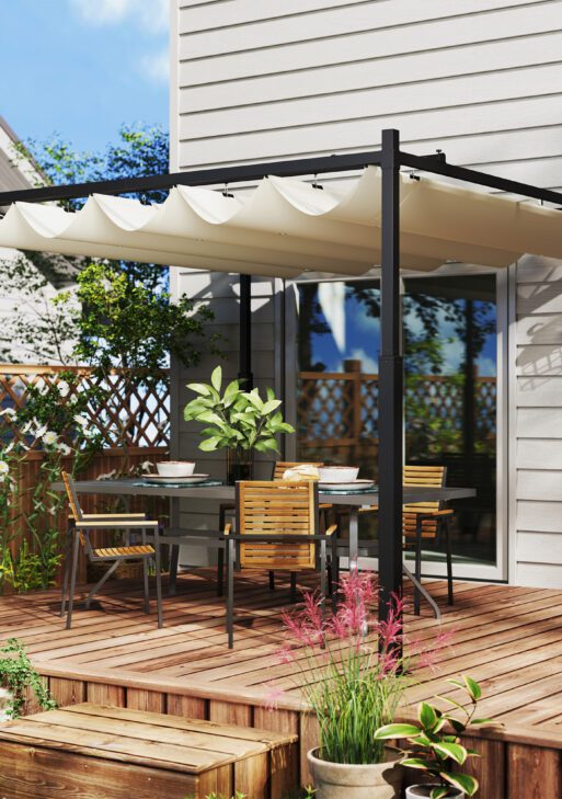 10' x 10' Retractable Pergola Canopy with Magnetic Fixture, UPF30+ Outdoor Pergola, Cream White