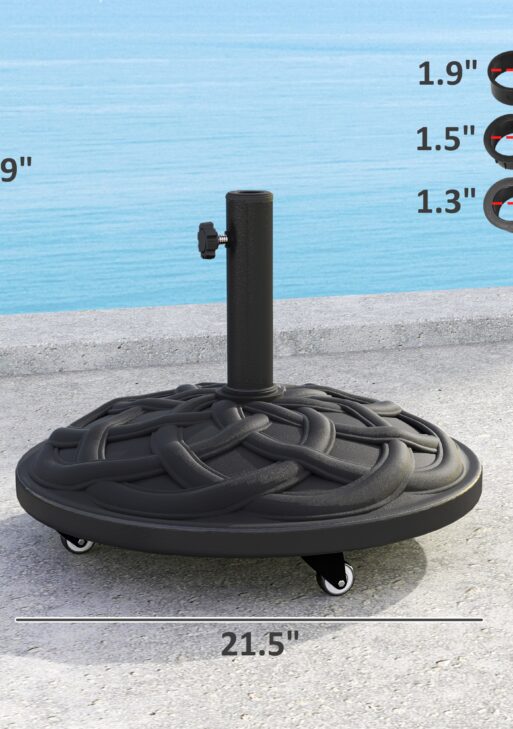 Round Patio Umbrella Base with Wheels, 44 lbs Resin Umbrella Stand Base, Heavy Duty Patio Umbrella Holder for 1.3"/1.5"/1.9" Umbrella Poles for Outdoor, Lawn, Poolside, Black