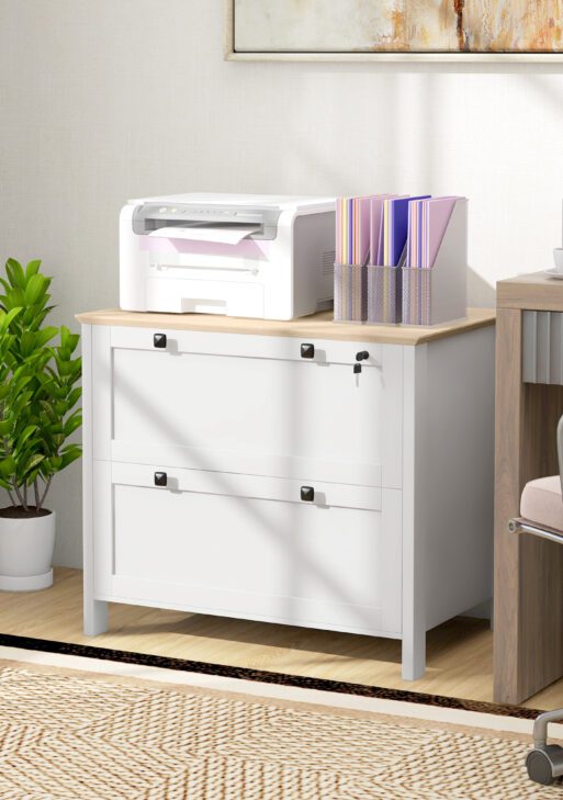 Lateral File Cabinet, 2 Drawer Filing Cabinet with Adjustable Hanging Bar for Letter, A4 and Legal Size, White
