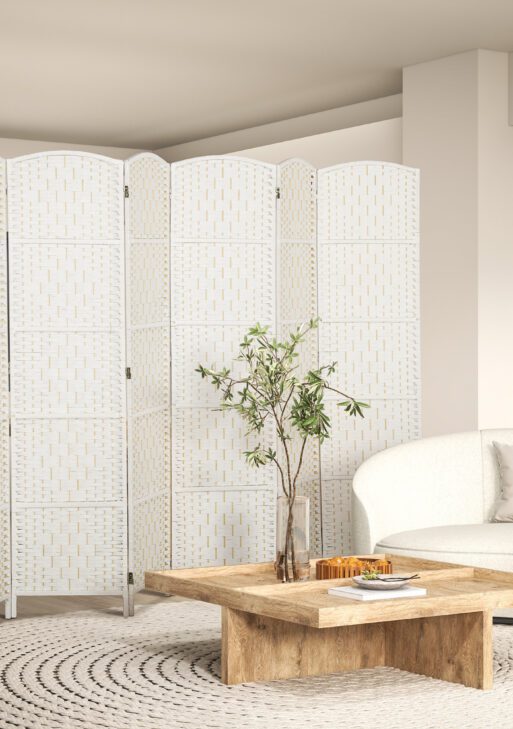 Room Divider, 6 Panel Folding Privacy Screen, 6FT Tall Portable Weave Partition Wall Divider for Bedroom, White