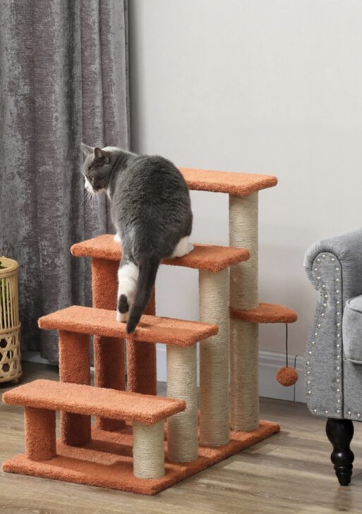 4 Levels Cat Steps with Scratching Posts for High Bed, Sofa, Brown