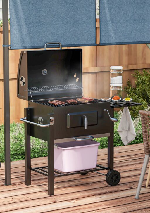 Charcoal BBQ Grill and Smoker Combo Outdoor Portable Trolley Camping Picnic Backyard with Side Shelf, Black