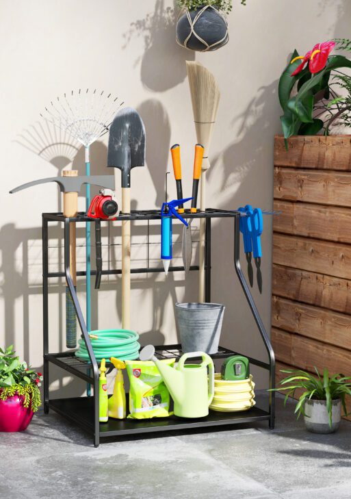 3-Tier Yard Tool Storage Rack, Garden Tool Organizer with Hooks for Long-Handled, Broom, Shovel, Blue