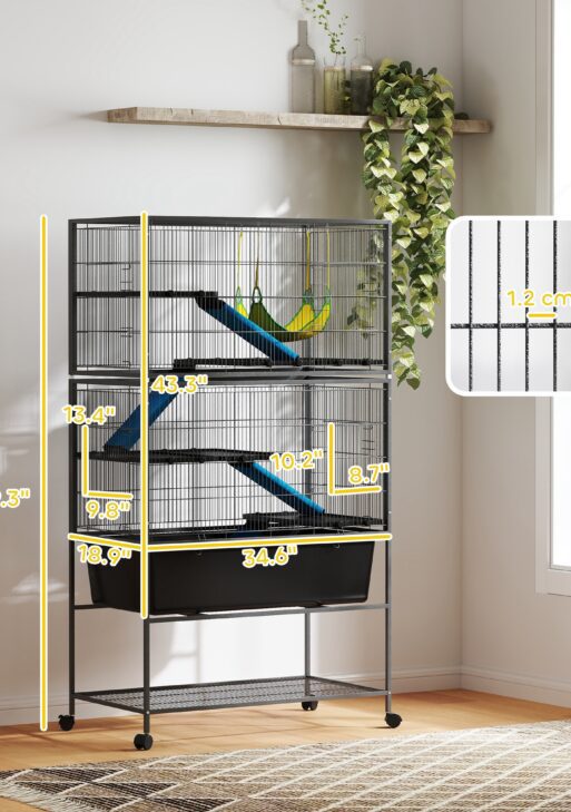 59" 5-Level Small Animal Cage, Rolling Ferret Cage with 6.3" Deep Tray, Non-Slip Cloth Covered Ramps, Hammock, Dark Gray