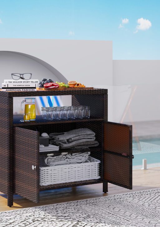 Outdoor Storage Cabinet with Acacia Wood Top, Two Doors, Shelf, Wicker Bar Table for Pool Towel Storage, Brown