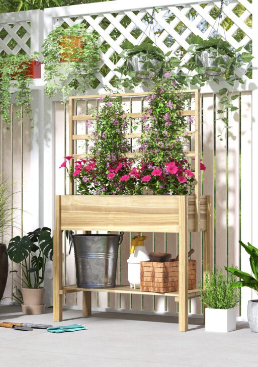 Wooden Raised Garden Bed with Trellis, Outdoor Planter Box with Storage Shelf for Vegetables, Flowers, Herbs