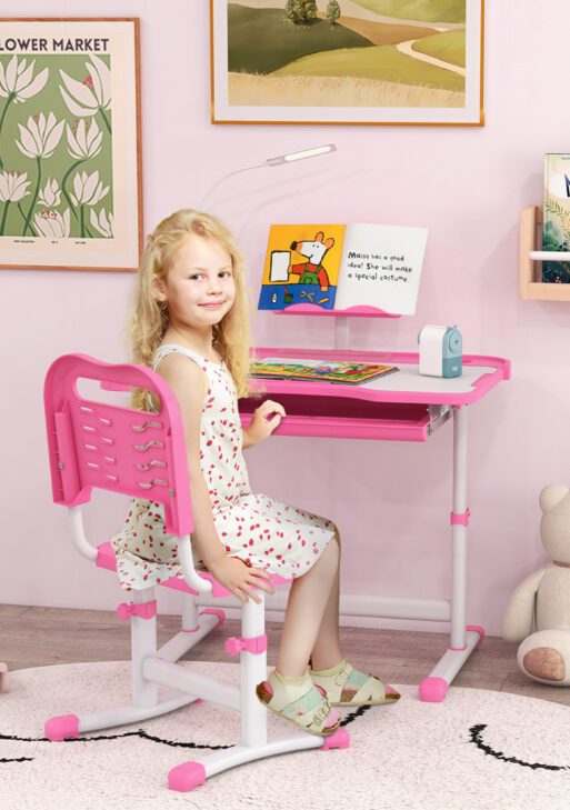 Kids Desk and Chair Set with USB Light, Storage Drawer, Pink