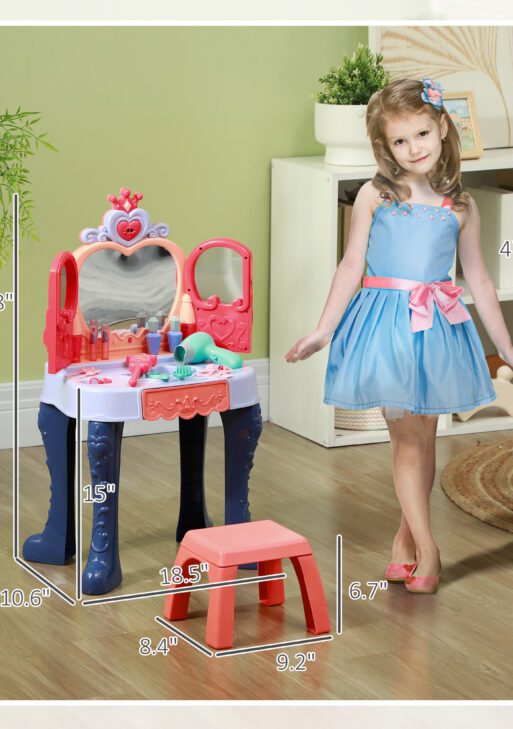 Kids Vanity Set with Mirror and Stool, Music, Light, Drawer, Hair Dryer, 20 Makeup Accessories, Multicolor