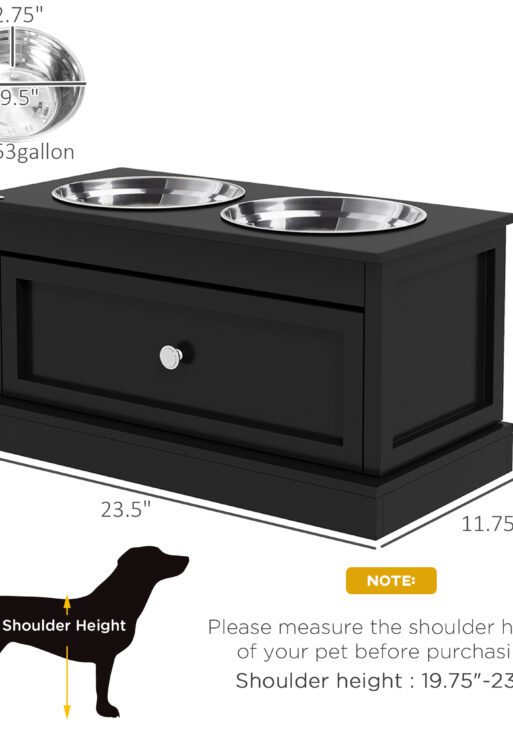 Elevated Dog Bowls with Storage Drawer, Raised Dog Bowl Stand Pet Food Bowl Dog Feeding Station, Black
