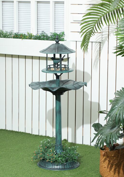 3-in-1 Garden Bird Bath Bowl Pedestal with Bird Feeder, Large Water Basin, Underneath Flower Planter, Green