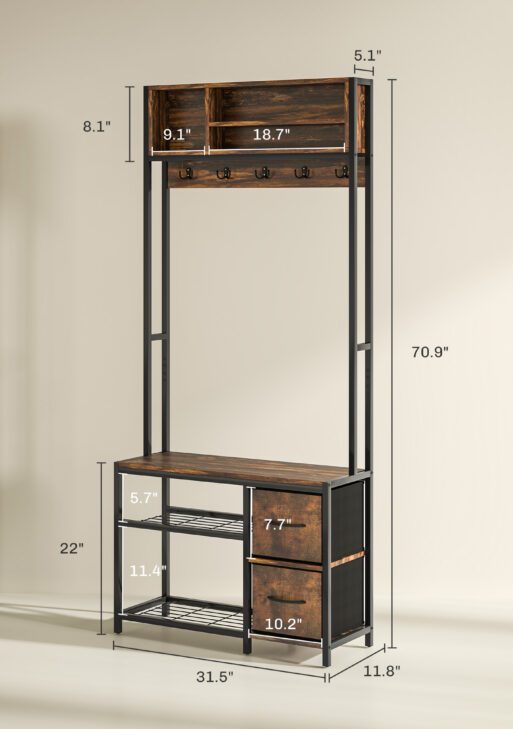 Hall Tree with Bench and Shoe Storage, 5-in-1 Entryway Bench with Coat Rack, 3 Storage Shelves, 2 Fabric Drawers, Brown