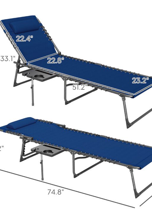 Folding Outdoor Chaise Lounge Chair Tanning Chair with 5-Level Adjustable Back, Side Table, Pillow, Pocket, Dark Blue