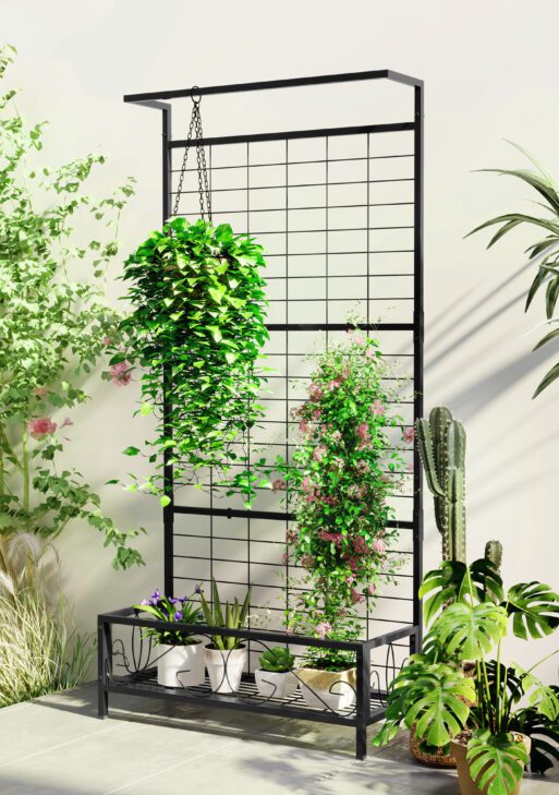 Metal Tall Plant Stand with Trellis and Hanging Bar, Plant Holder for Indoor Outdoor Use, 35" x 12.8" x 74", Black