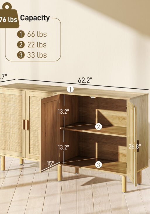 Bohemian Sideboard, 62.2" Buffet Cabinet with 4 Rattan Doors and Shelves for Living Room, Hallway, Natural