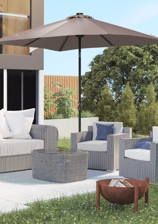 9' x 7' Outdoor Patio Solar Umbrella with Crank, Solar LED Lights, Tilting, Push-Button for Deck, Pool and Lawn, Tan