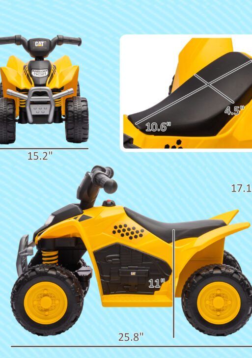 CAT Licensed Kids ATV 6V Four-Wheeler for Kids w/ Horn, LED Headlights for 18-36 Months, Yellow