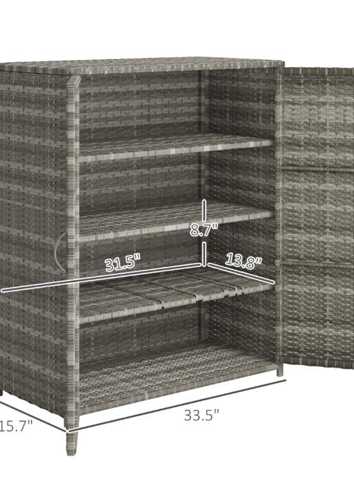 Rattan Wicker Outdoor Storage Cabinet with 4 Shelves and 2 Doors for Garden Pool Towel Storage, Mixed Gray