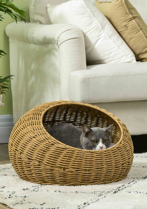 Rattan Cat Bed with Washable Cushion for Cats, Puppies, Light Brown