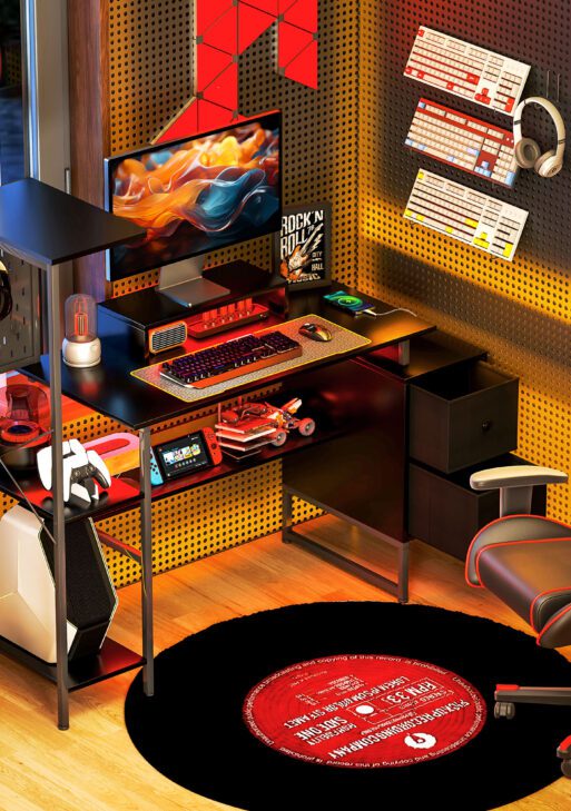 56" Computer Desk with Storage, Computer Table with Power Outlets and LED Lights, Black