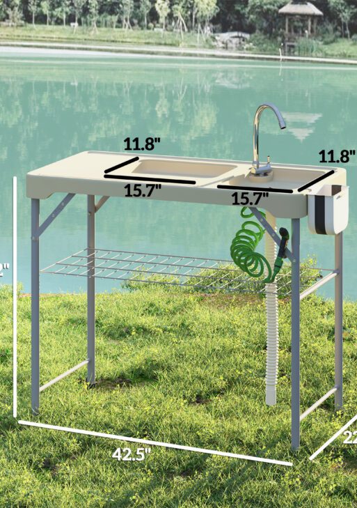 Folding Fish Cleaning Table with Sinks, Portable Camping Sink Table with Faucet, Drainage Hose, Sprayer, Shelf, Drawer and Storage Basket, Outdoor Fillet Table for Picnic Beach Patio, Tan