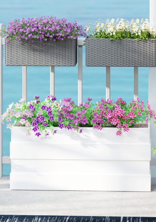 2 Pack 20 Inch Railing Flower Pots, Hanging Flower Pots with Hooks, Drainage Holes for Fence, Rattan Look, Gray