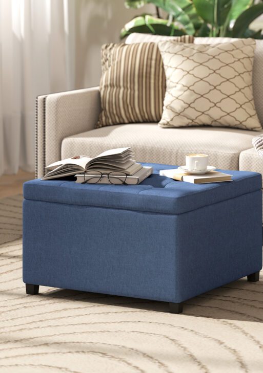 Round Storage Ottoman Bench, Button Tufted Ottoman with Flip Top for Living Room, Entryway and Bedroom, Blue