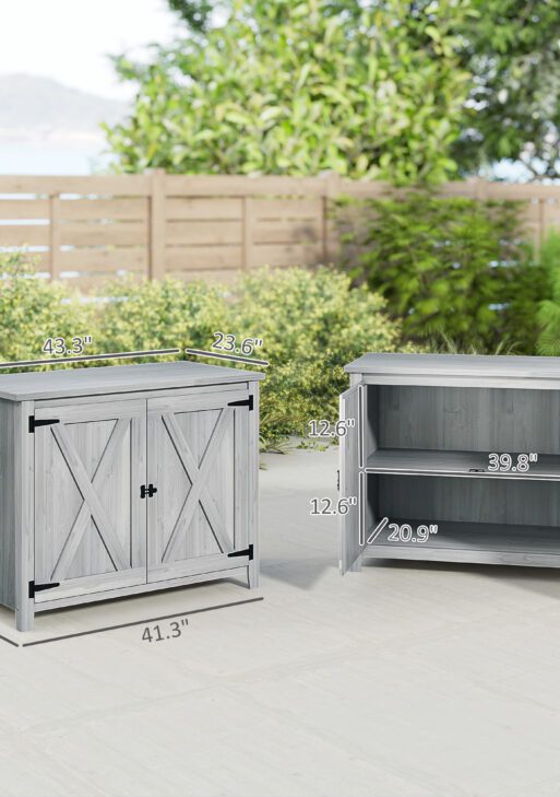 Wooden Outdoor Storage Cabinet, Garden Shed Potting Shed with Shelf and Double Doors, Light Gray