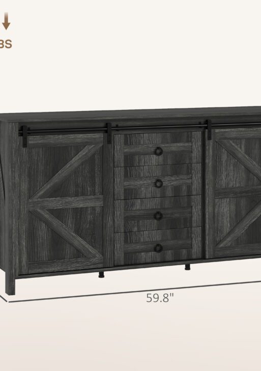 60" Buffet Cabinet, Farmhouse Sideboard with Sliding Barn Doors, Drawers and Adjustable Shelves, Distressed Dark Gray