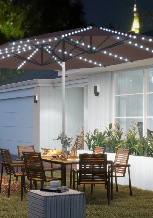 15ft Double-Sided Outdoor Umbrella with Solar Lights, UPF50+ Extra Large Aluminum Patio Umbrella with Crank, Tan