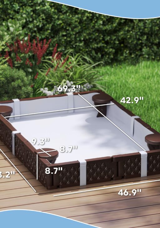 Kids Sandbox with Cover, 4 Corner Seats, Bottom Liner for Backyard, Garden, Outdoor, 73" x 47" x 9", Dark Brown