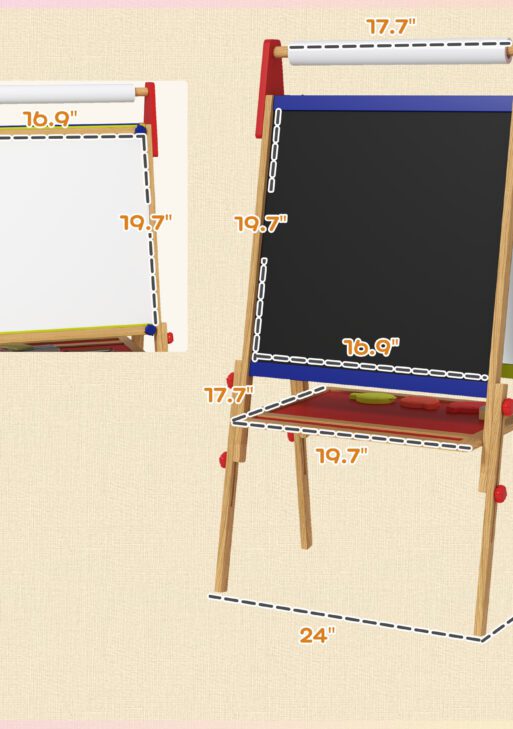 3 in 1 Easel for Kids with Paper Roll, Whiteboard, Chalkboard, Double Sided & Adjustable Height, Nature Wood