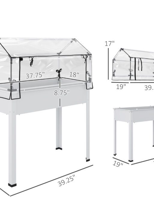 Elevated Garden Box with Greenhouse Cover, Raised Garden Bed with Legs and Drainage Hole for Vegetables, White
