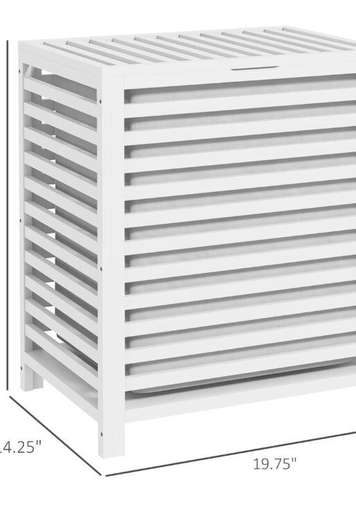 55 L Bamboo Laundry Basket with Lid, Cloth Hamper with Removable Liner Bag, 19.75 x 14.25 x 23.5 Inches, White